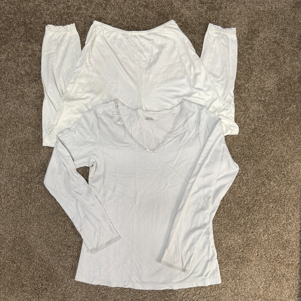 Vintage Cuddl Duds Pajama Set Womens 1X White Long Sleeve Lace V-Neck Retro 90s